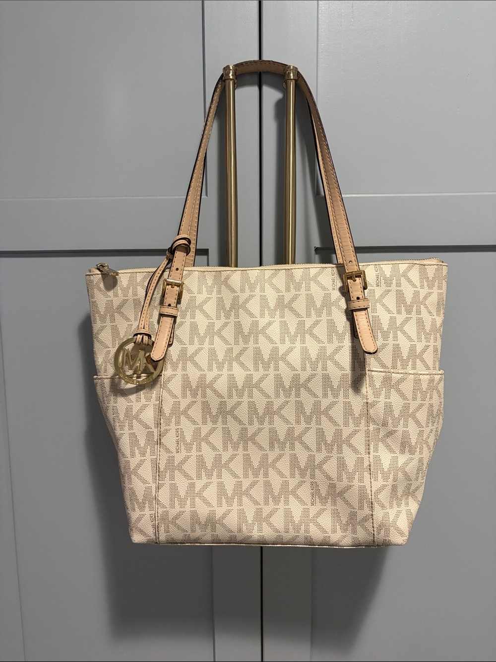 Michael Kors Beige Cream Signature MK Tote with Tan Straps